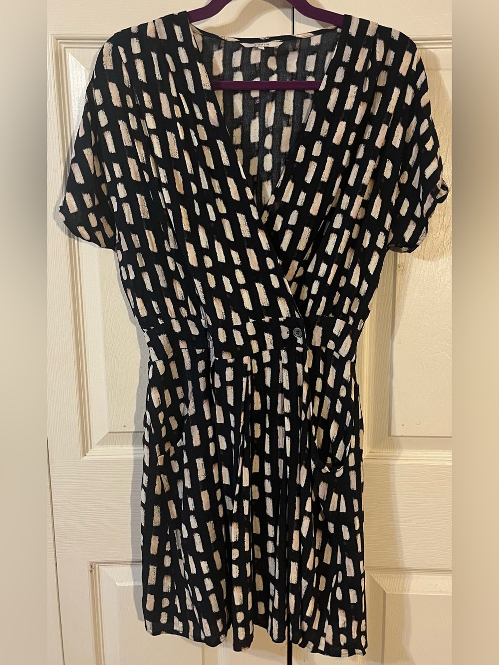 FRNCH Parisian Brand Wrap Dress Black & White Geometric Print V-Neck Size S/M